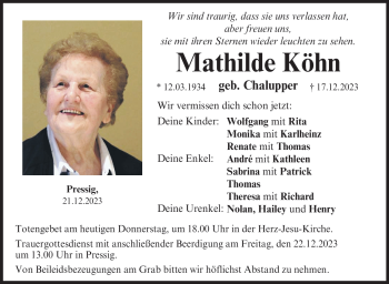Traueranzeige von Mathilde Köhn von Neue Presse Coburg