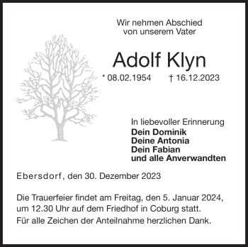Traueranzeige von Adolf Klyn von Neue Presse Coburg