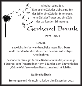 Traueranzeige von Gerhard Brunk von Südthüringer Presse