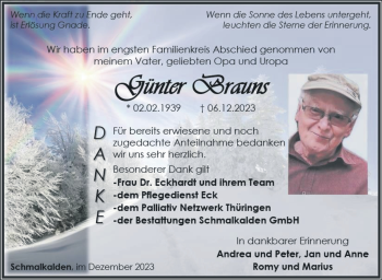 Traueranzeige von Günter Brauns von Südthüringer Presse