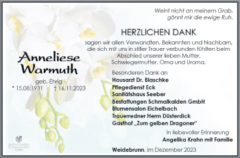 Traueranzeige von Anneliese Warmuth von Südthüringer Presse