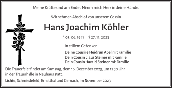 Traueranzeige von Hans Joachim Köhler von Südthüringer Presse