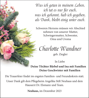 Traueranzeige von Charlotte Wandner von Südthüringer Presse