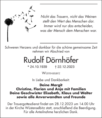Traueranzeige von Rudolf Dörnhöfer von Frankenpost