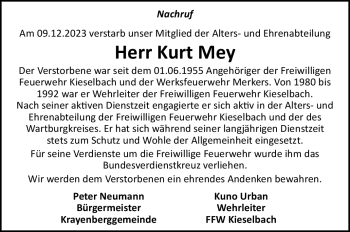 Traueranzeige von Kurt MEY von Südthüringer Presse