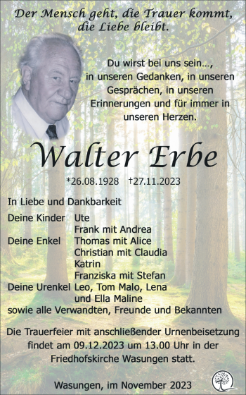 Traueranzeige von Walter Erbe von Südthüringer Presse