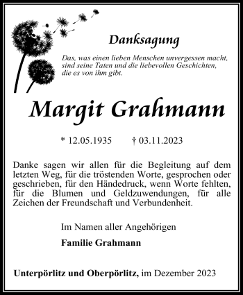 Traueranzeige von Margit Grahmann von Südthüringer Presse