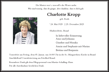 Traueranzeige von Charlotte Kropp von Frankenpost