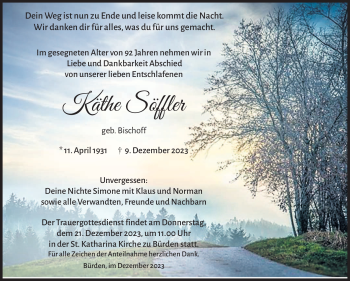 Traueranzeige von Käthe Söffler von Südthüringer Presse