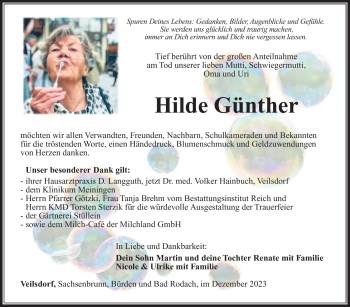 Traueranzeige von Hilde Günther von Südthüringer Presse