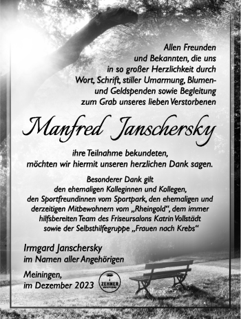 Traueranzeige von Manfred Janschersky von Südthüringer Presse