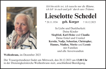 Traueranzeige von Lieselotte Schedel von Neue Presse Coburg
