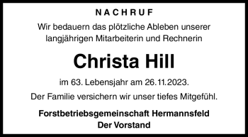 Traueranzeige von Christa Hill von Südthüringer Presse