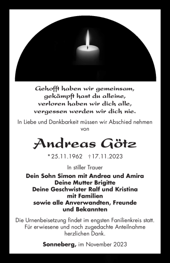 Traueranzeige von Andreas Götz von Südthüringer Presse
