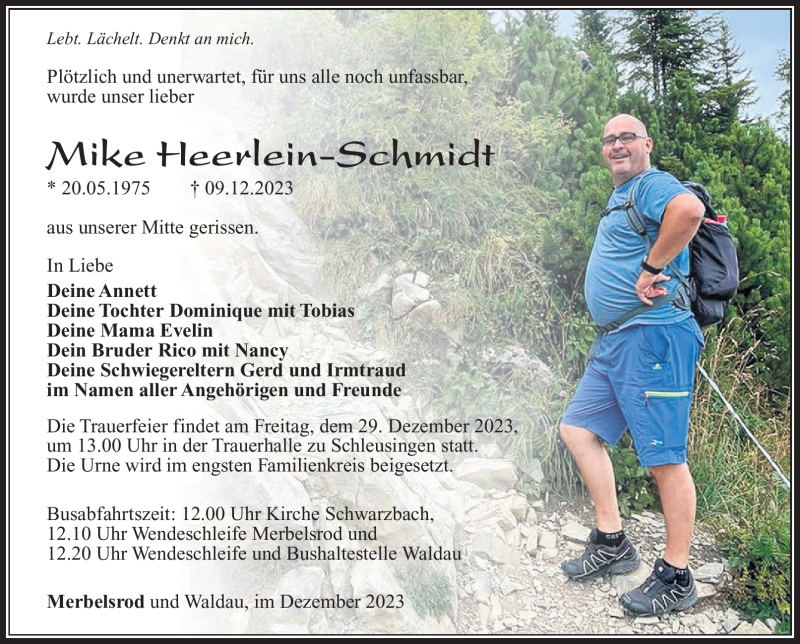  Traueranzeige für Mike Heerlein-Schmidt vom 16.12.2023 aus Südthüringer Presse