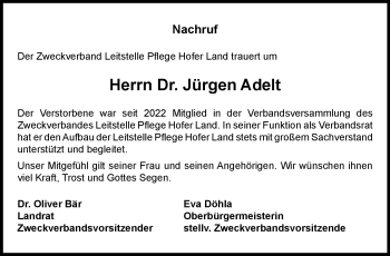 Traueranzeige von Jürgen Adelt von Frankenpost