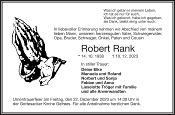 Traueranzeige von Robert Rank von Frankenpost