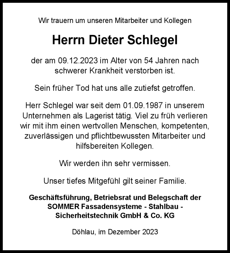  Traueranzeige für Dieter Schlegel vom 23.12.2023 aus Frankenpost