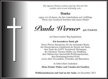 Traueranzeige von Paula Werner von Südthüringer Presse