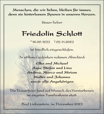 Traueranzeige von Friedolin Schlott von Südthüringer Presse