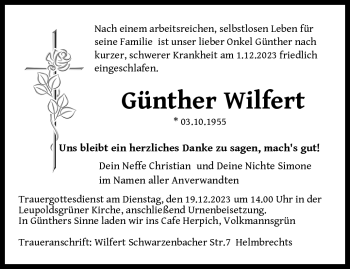 Traueranzeige von Günther Wilfert von Frankenpost