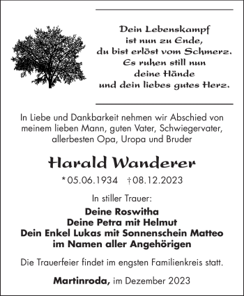 Traueranzeige von Harald Wanderer von Südthüringer Presse