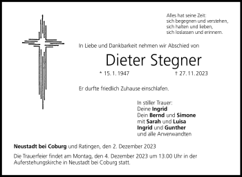 Traueranzeige von Dieter Stegner von Neue Presse Coburg