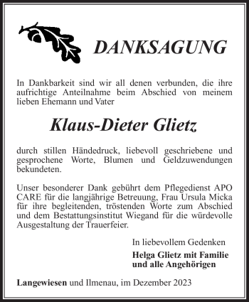 Traueranzeige von Klaus-Dieter Glietz von Südthüringer Presse