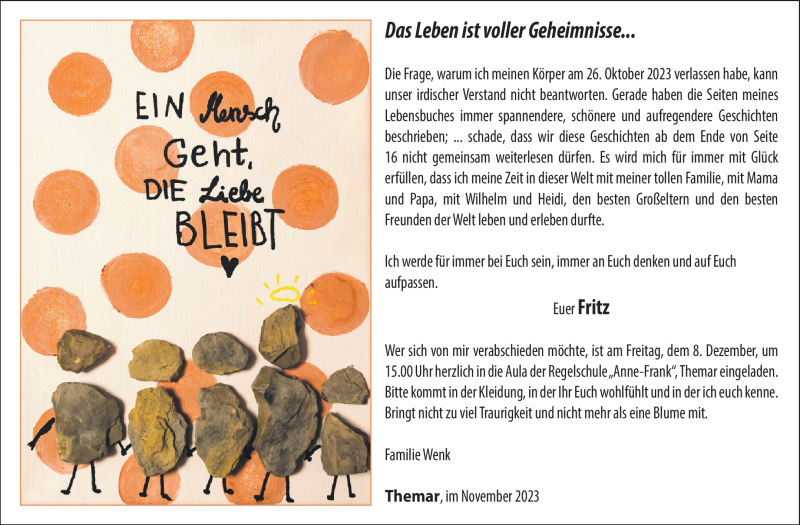  Traueranzeige für Fritz Wenk vom 02.12.2023 aus Südthüringer Presse