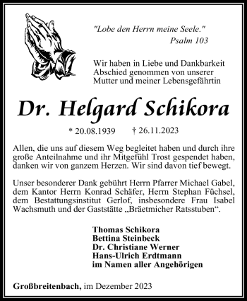 Traueranzeige von Helgard Schikora von Südthüringer Presse