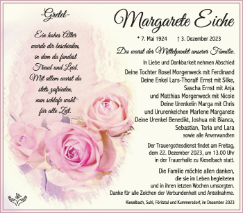 Traueranzeige von Margareter Eiche von Südthüringer Presse