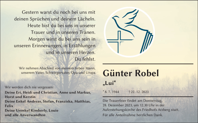  Traueranzeige für Günter Robel vom 27.12.2023 aus Frankenpost