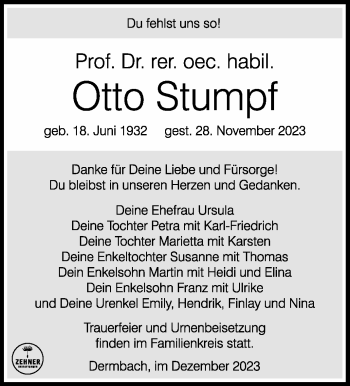 Traueranzeige von Otto Stumpf von Südthüringer Presse