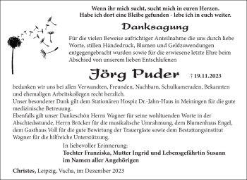 Traueranzeige von Jörg Puder von Südthüringer Presse