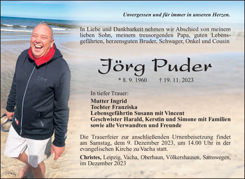  Traueranzeige für Jörg Puder vom 02.12.2023 aus Südthüringer Presse