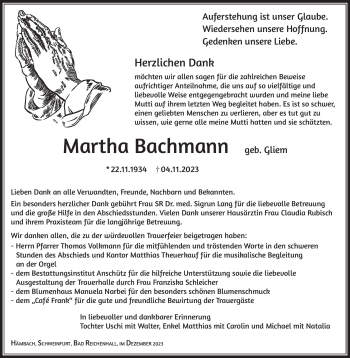 Traueranzeige von Martha Bachmann von Südthüringer Presse