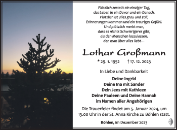 Traueranzeige von Lothar Großmann von Südthüringer Presse