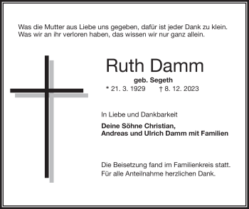 Traueranzeige von Ruth Damm von Frankenpost