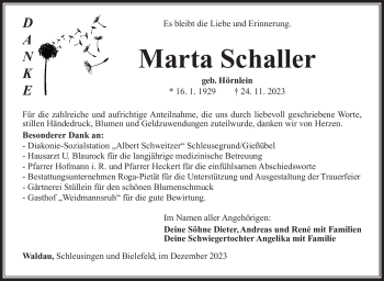 Traueranzeige von Marta Schaller von Südthüringer Presse