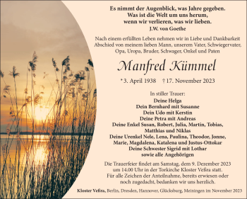 Traueranzeige von Manfred Kümmel von Südthüringer Presse