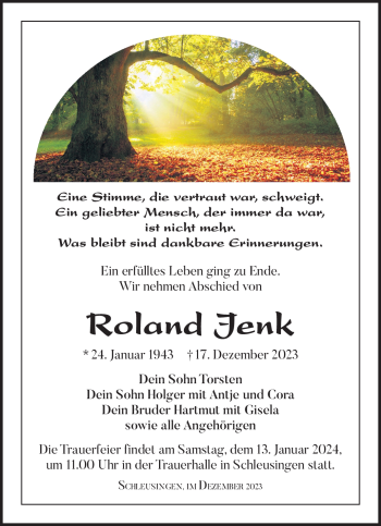 Traueranzeige von Roland Jenk von Südthüringer Presse