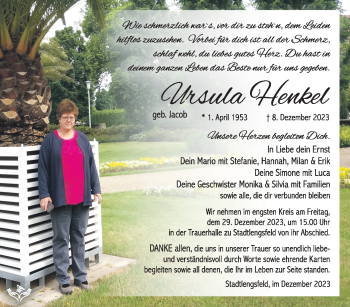 Traueranzeige von Ursula Henkel von Südthüringer Presse
