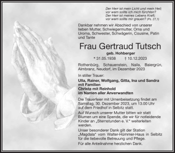 Traueranzeige von Gertraud Tutsch von Frankenpost