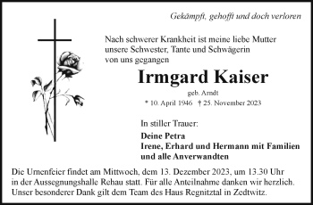 Traueranzeige von Irmgard Kaiser von Frankenpost