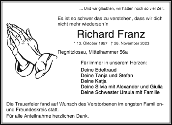 Traueranzeige von Richard Franz von Frankenpost