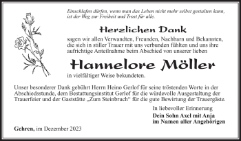 Traueranzeige von Hannelore Möller von Südthüringer Presse