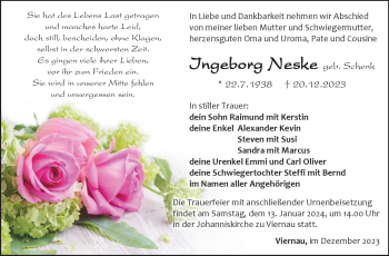 Traueranzeige von Ingeborg Neske von Südthüringer Presse