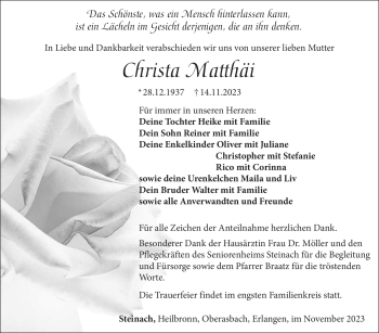 Traueranzeige von Christa Matthäi von Südthüringer Presse