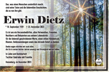 Traueranzeige von Erwin Dietz von Südthüringer Presse