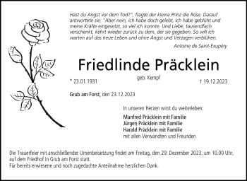 Traueranzeige von Friedlinde Präcklein von Neue Presse Coburg
